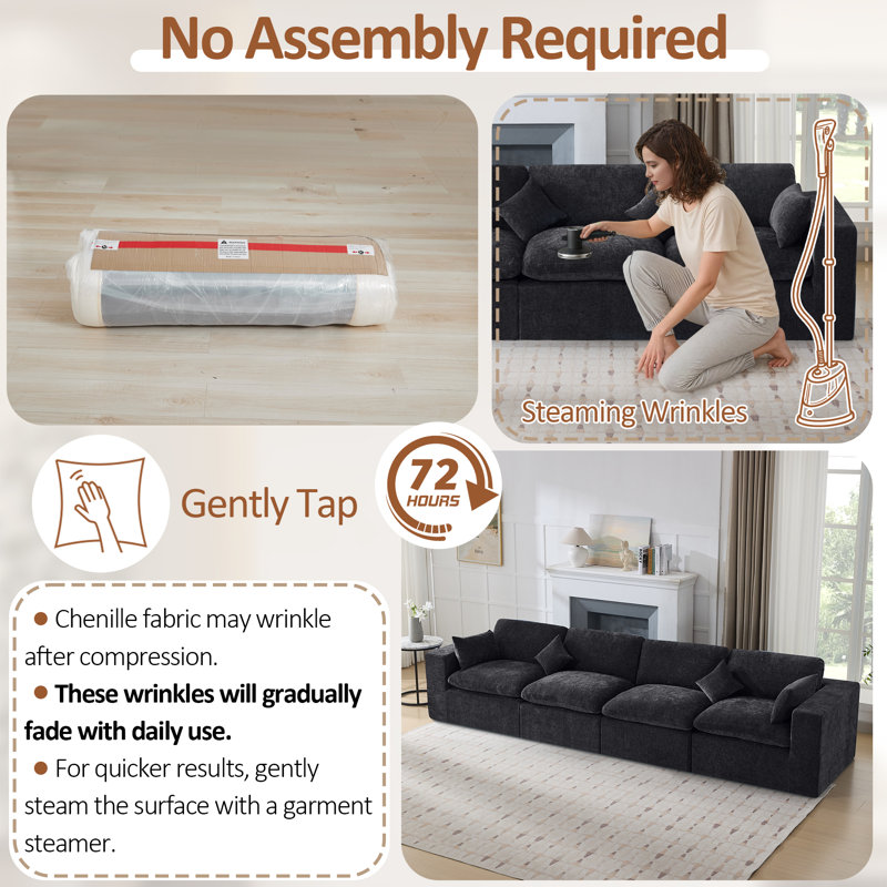 Canapé en chenille, Noir foncé, H 25,1 po x l 146,8 po x P 41,3 po