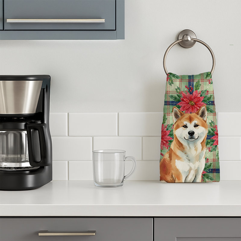 Red Akita Christmas PoinsettIas Kitchen Towel, Red Akita