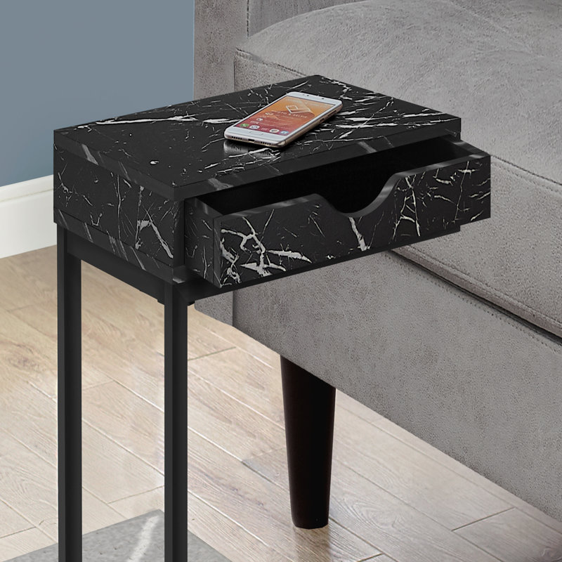 Table d'appoint, en forme de C, bout, côté, collation, tiroir de rangement, stratifié, métal, contemporain, moderne, Noir