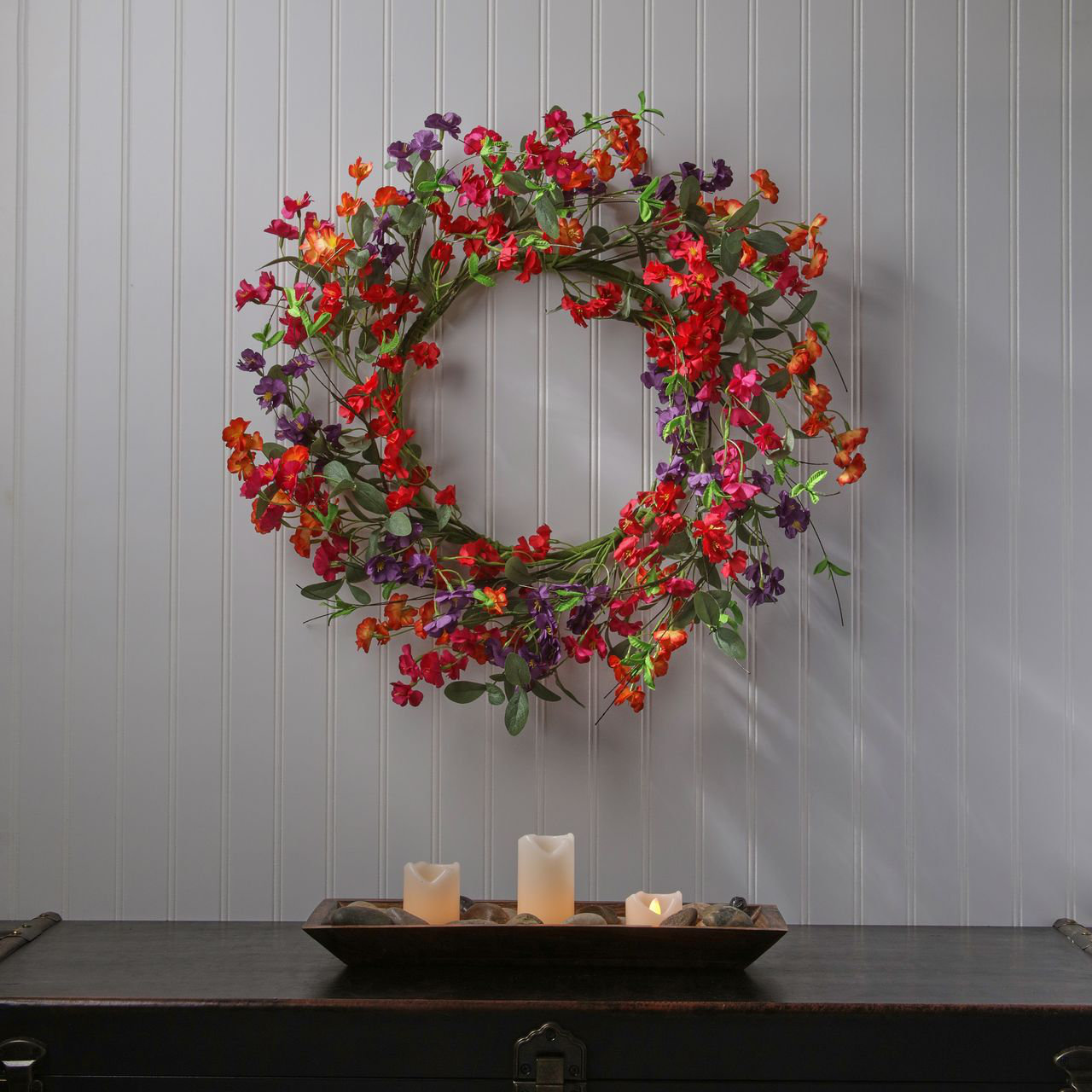 24"Mini Garden Blossom Wreath, Orange, Red, Purple, Pink