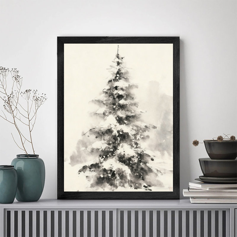 Arbre de Noël noir encadré noir, impression d'art de style lavis à l'encre, H 11 po x l 9 po