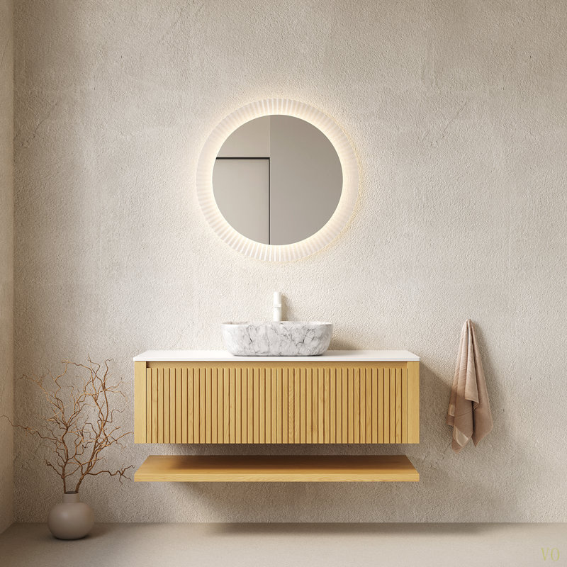 Meuble-lavabo de salle de bain 48 po Hizon, armoire de rangement flottante en contreplaqué avec tiroirs et tablette ouverte, vasque en céramique à motif marbré et plateau en pierre frittée, préassemblée