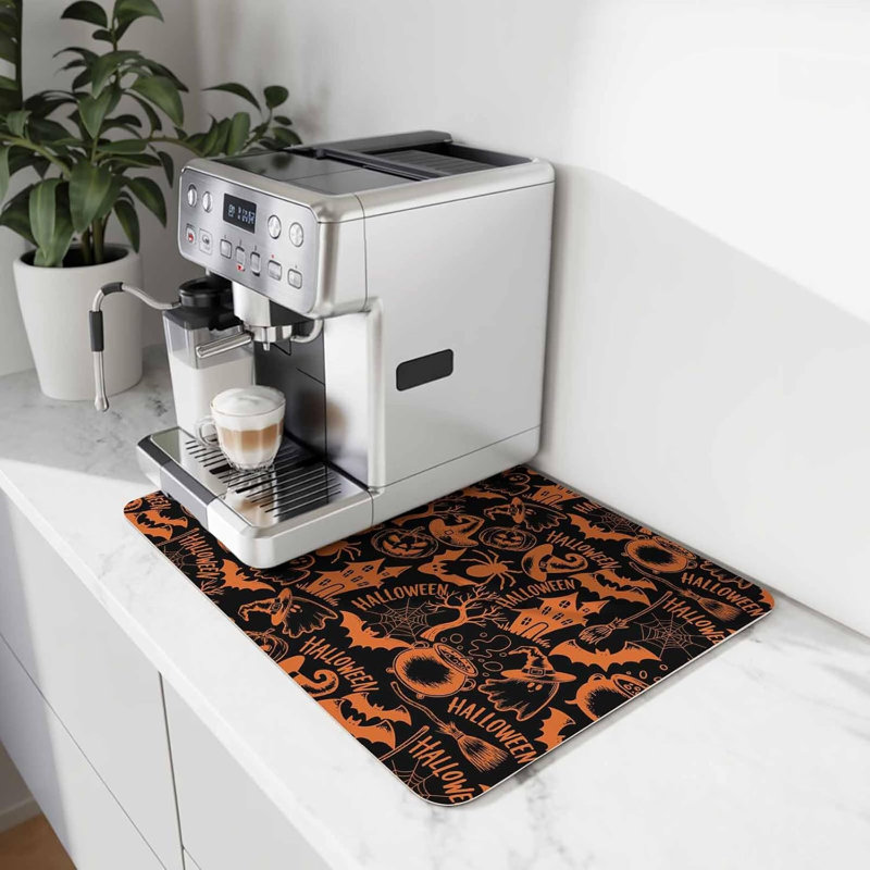 Tapis de cuisine/bar à café, motif citrouille, fantôme et araignées, absorbant et antidérapant, idéal pour égoutter la vaisselle et décorer le comptoir de votre cuisine. Couleurs : château, noir et orange. Dimensions : 51 x 81 cm.