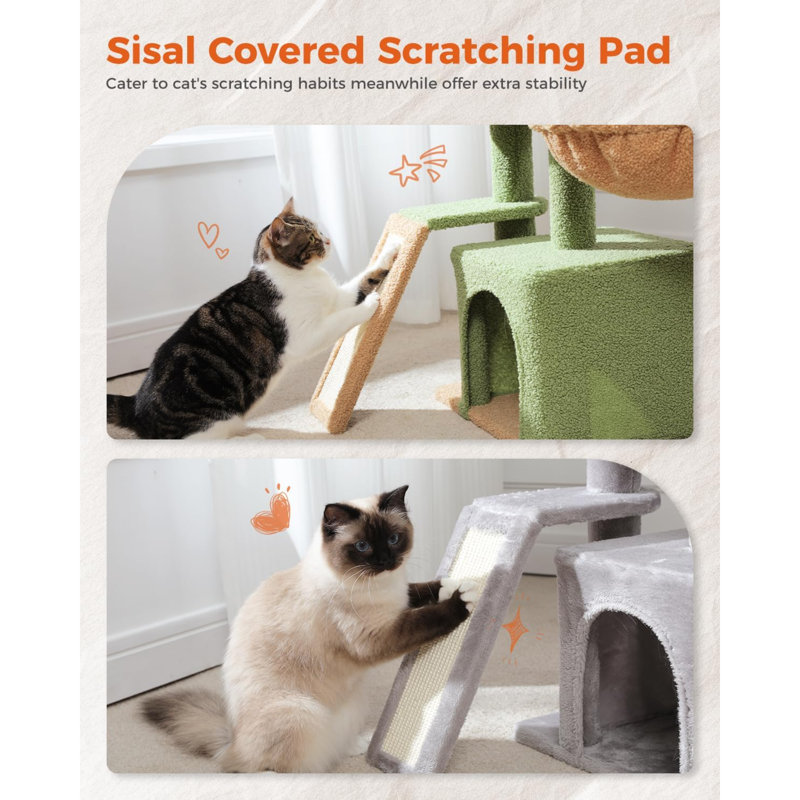 Gray Plush Cat Tree with Sisal Scratching Ramp and Hammock