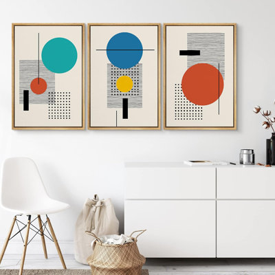 Abstrait, blocs de couleurs vives et colorées, motifs décoratifs géométriques encadrés sur toile, 3 pièces