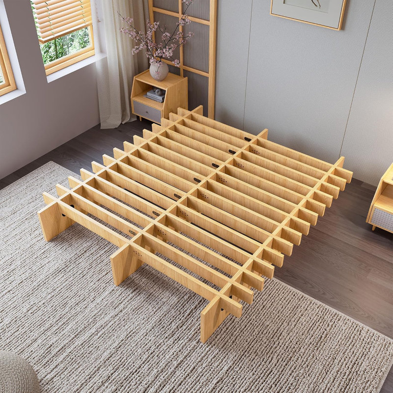 Structure de lit double en bois massif pleine grandeur à profil bas, sans tête de lit, aucun sommier requis, structure de lit à tenon et mortaise silencieux, couleur de bois naturel