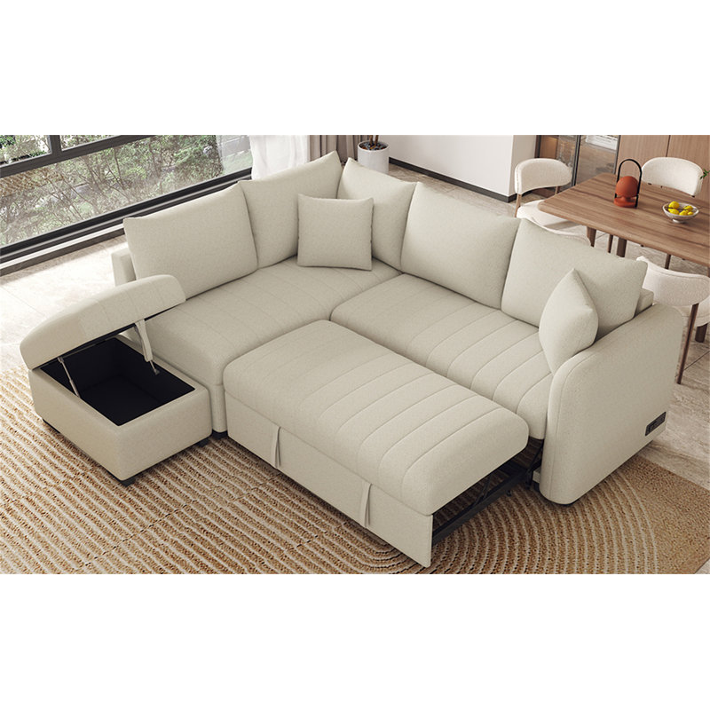 Canapé-lit modulaire en forme de L de 82,6 po avec deux ports USB, Polyester beige