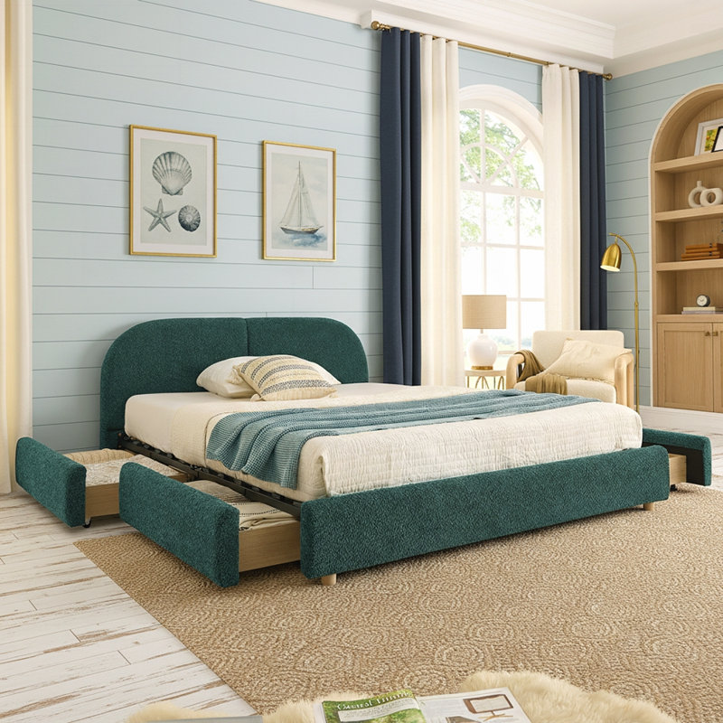 Structure de lit rembourrée avec tête de lit, rangement pour tiroir robuste sur roulettes, matelas non inclus, Très grand lit