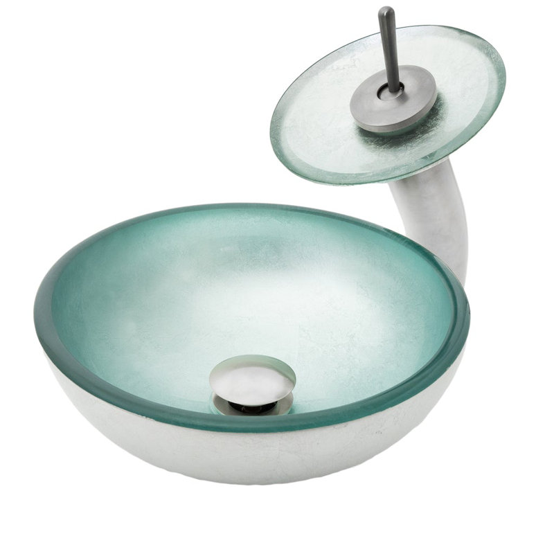 Lavabo de salle de bain vasque circulaire en verre avec robinet, Argent, Nickel brossé