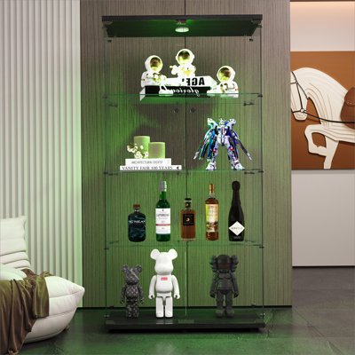 Two-door LED lights  Glass Display Cabinet 4 Shelves with Door, Floor Standing Curio Bookshelf for Living Room Bedroom Office,  64.7"*31.7"*14.3",Black