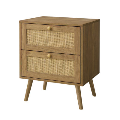 Kior Nightstand Side End Table, 2 Rattan Drawers, Walnut Brown Finish 19 Inch