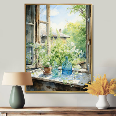 Green and blue countryside window Charm I - Farm Windows Canvas Wall Art