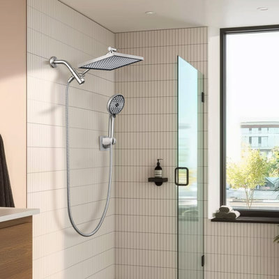 12" Rectangular Rainfall Shower Head and 6-Spray Handheld Shower Combo with 59-inch Hose Wall Mount Brushed Nickel