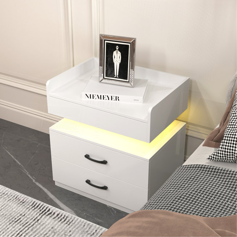 1 Set Nightstand With Adjustable LED Strip Light, White