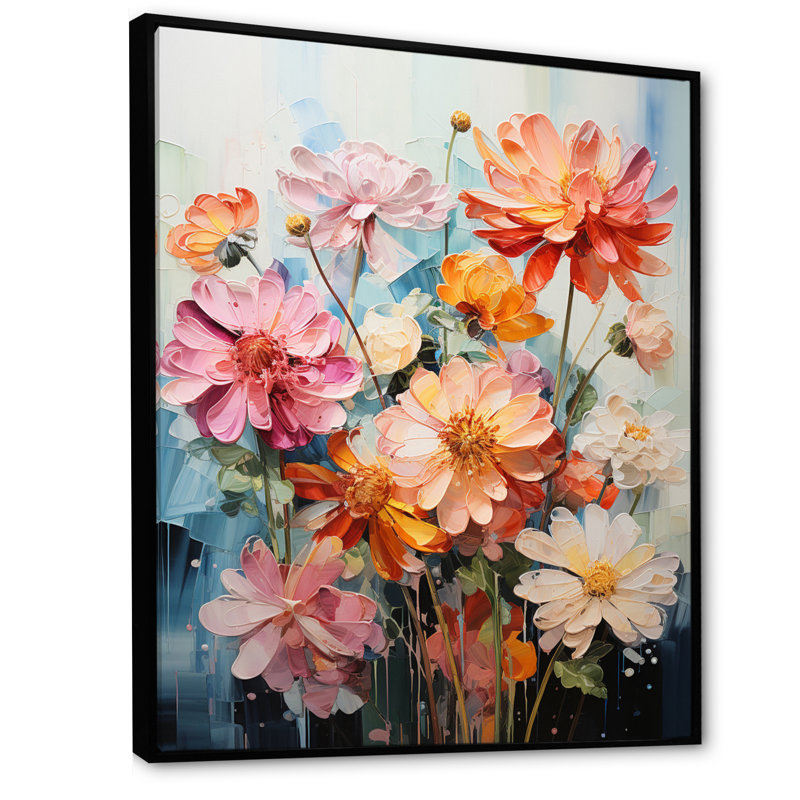 Collage de fleurs claires Zinnias III, H 32 po x l 24 po x P 1 po, Noir
