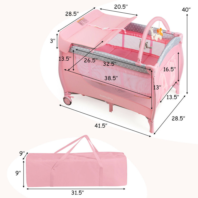 Mini lit de bébé rembourré portatif avec matelas, Rose