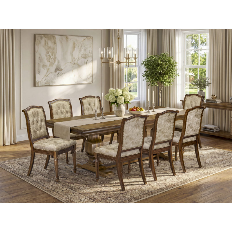 L'ensemble de salle à manger 9 pièces comprend une table de cuisine rectangulaire et 8 chaises de salle à manger modernes en cuir de polyuréthane beige clair, finition noyer antique