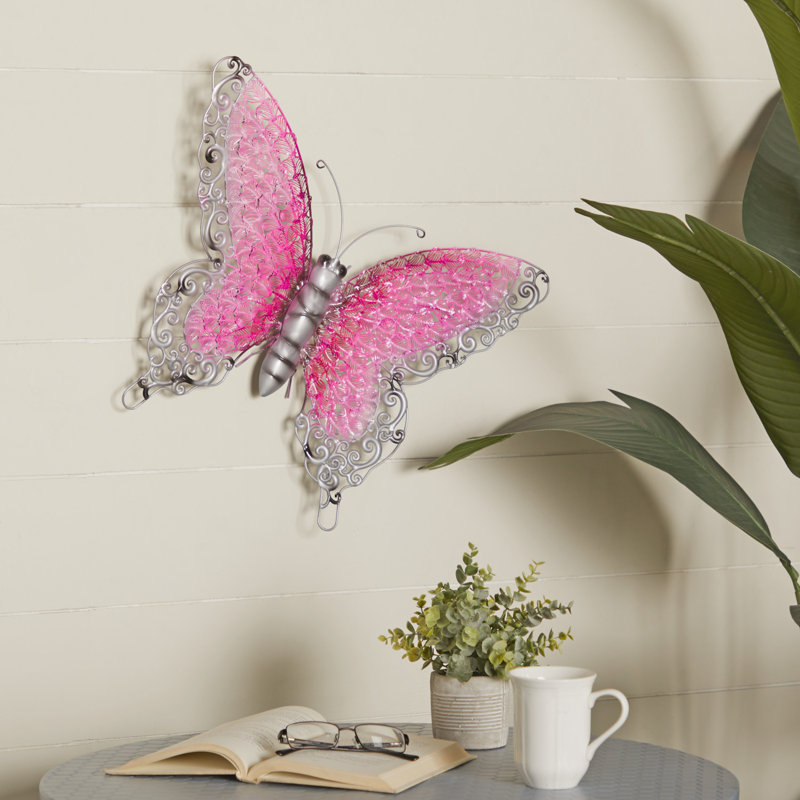 Metal Indoor Outdoor Butterfly Wall Decor, Pink, 16.15" H x 20.75" W x 2.65" D