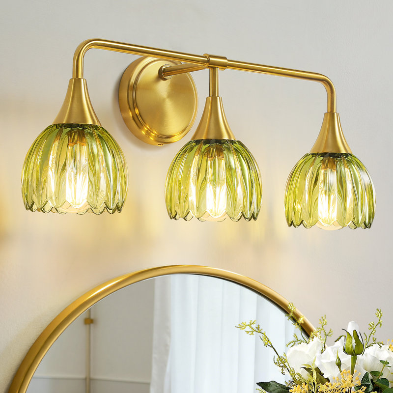21" Modern Bathroom Vanity Light With Green Petal Glass Shades, Brushed Gold, 3 Lights