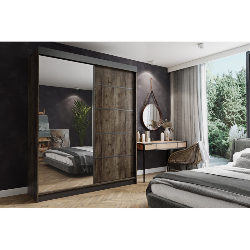 Anairis 1 Door Solid + Manufactured Wood Wardrobe, Smoked Oak/Black, 200cm H x 250cm W x 59cm D