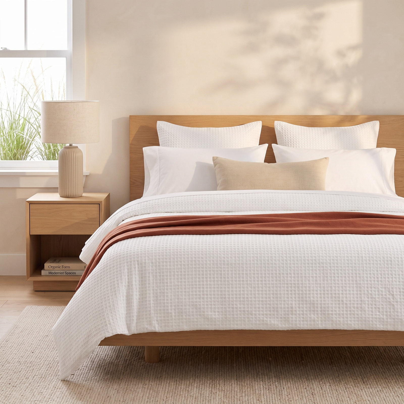 Haniya Solid Waffle Cotton Duvet Cover Set, Queen Duvet Cover + 2 Standard Shams, White