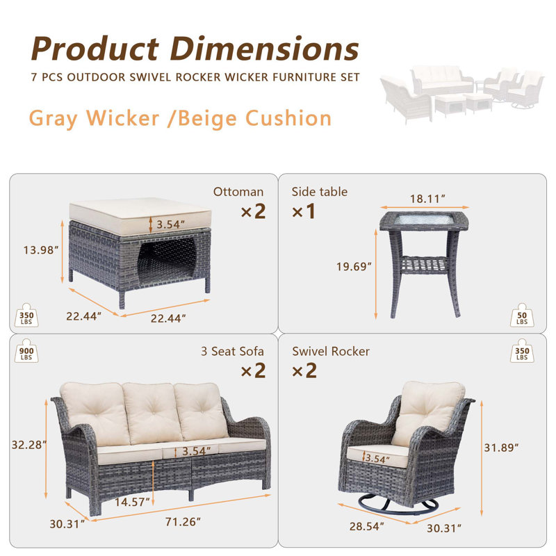 Ensemble de conversation pour 8 personnes avec coussins (ensemble de 7), Beige