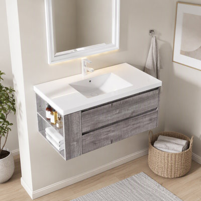 Meuble-lavabo suspendu de 91 cm avec lavabo, armoire murale en contreplaqué, tiroir à fermeture amortie, lavabo en céramique antidébordement