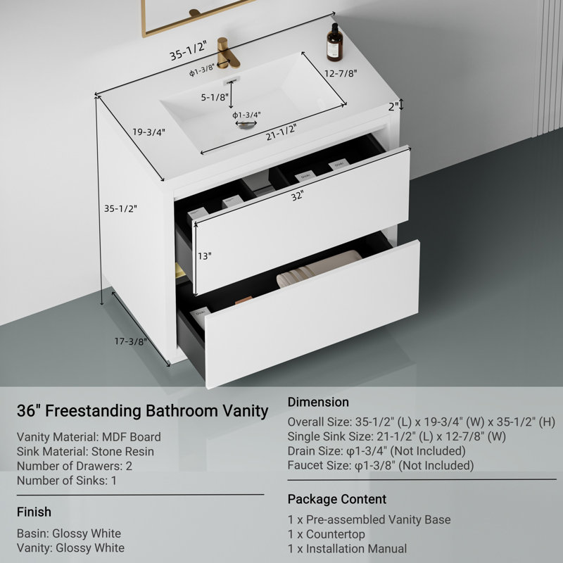 Meuble-lavabo sur pied 36 po avec lavabo, Blanc lustré