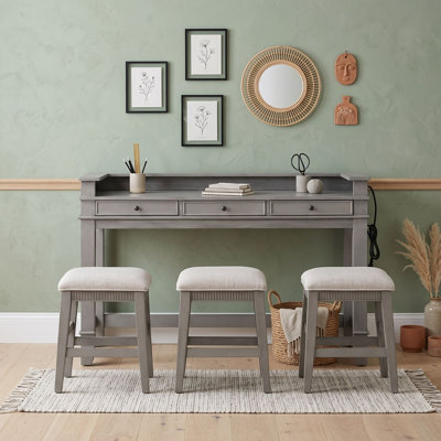 4-Piece Bar Table Set with USB Charging Station and Space-Saving Stools, Drawers