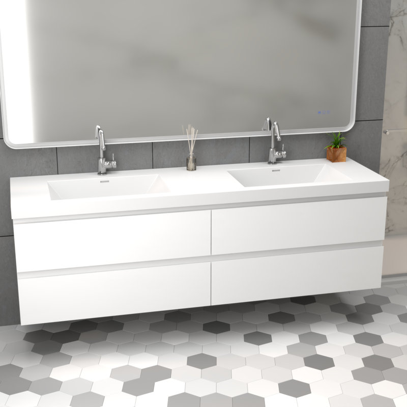 wall mounted bathroom vanity with 2 resin engineered stone sinks,2 doors with soft-close 90° hinges,2 drawers with hidden soft-close slides,Excludes faucet & drainage