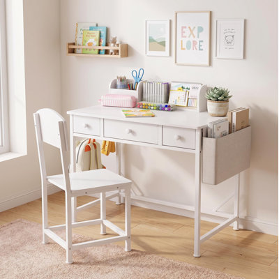 Bureau et chaise en bois pour enfants - Bureau avec rangements et tiroirs, bureau pour devoirs pour garçons et filles de 5 à 12 ans - Blanc