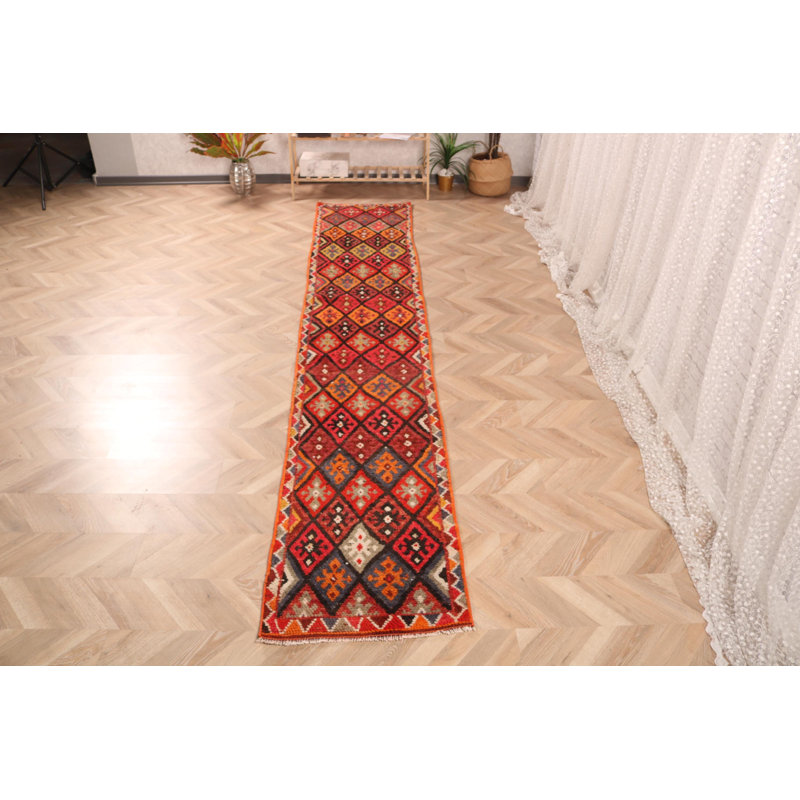 Handwoven Authentic Turkish Runner Rug in Striking Red with Traditional Anatolian Patterns