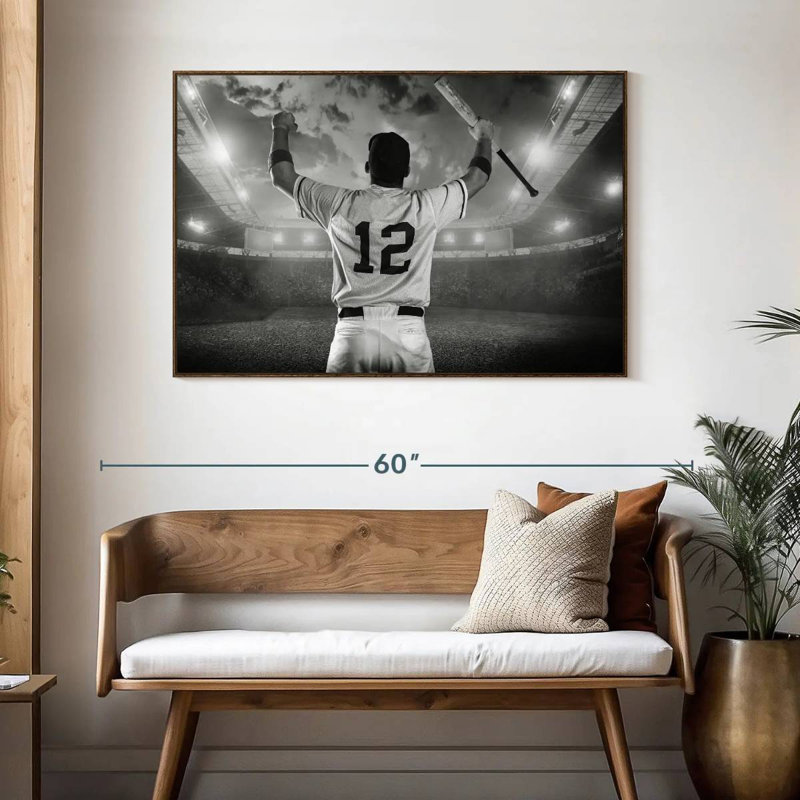 Joueur de baseball, 46 po x 31 po, Cadre flottant noyer