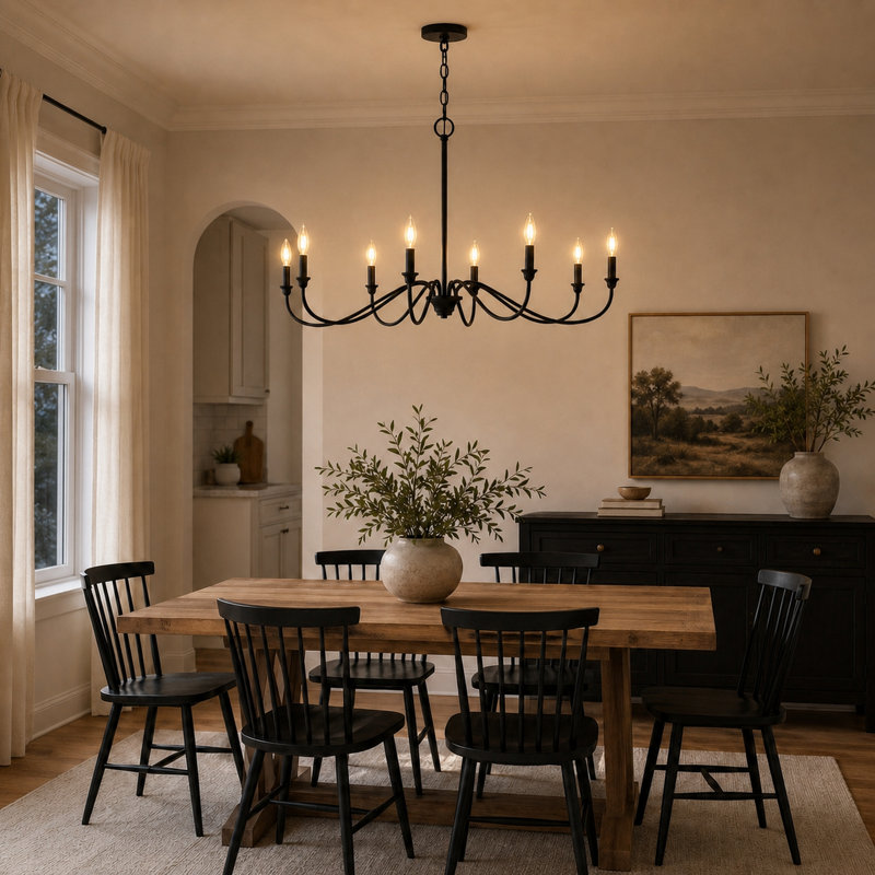Lustre style campagnard à 8 lumières Annabelle, finition noir mat, 42 po de largeur, hauteur réglable, compatible DEL