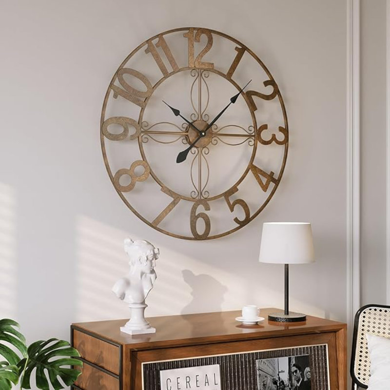 Large Wall Clock, 30 Inch Decorative Wall Clock For Living Room, Silent Non-Ticking Battery Operated Metal Round Retro Rustic Arabic Numerals Analog Bronze Wall Clock For Kitchen Mantel Office