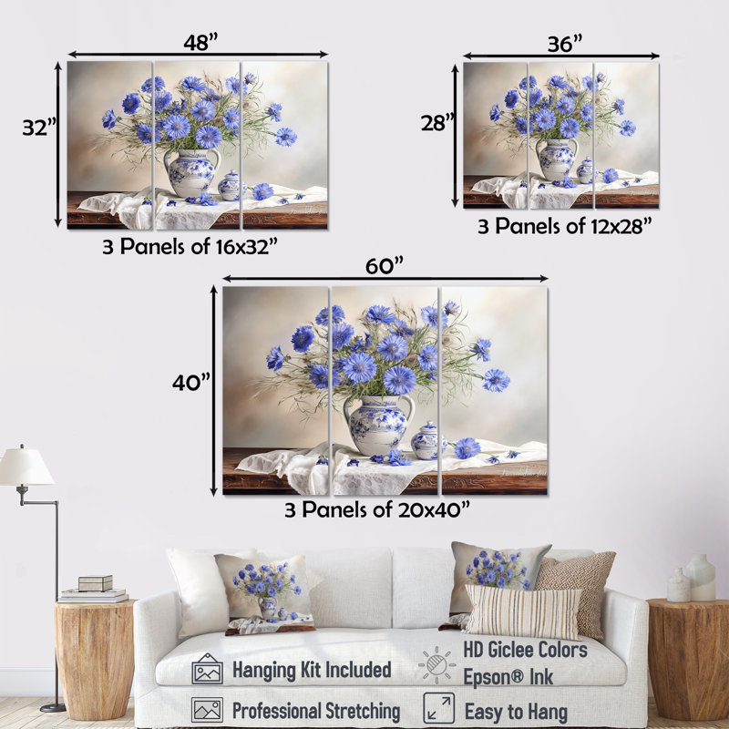 Cornflowers Bouquet Still Life - Ensemble de décorations murales Cornflowers, H 40 po x l 60 po x P 1 po
