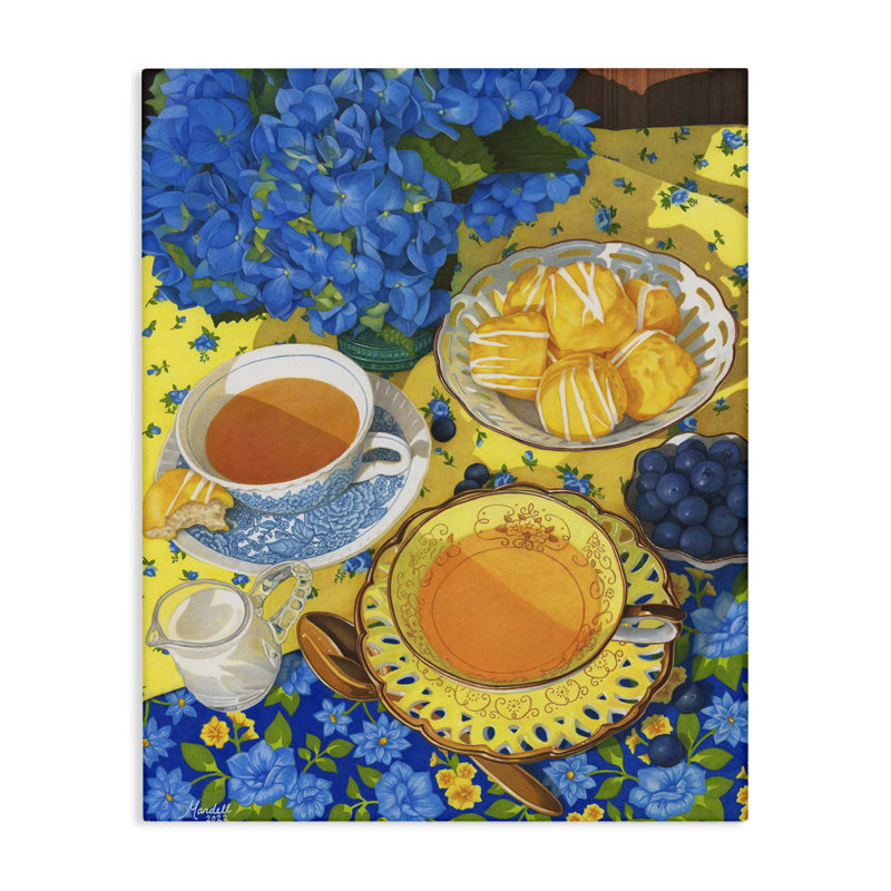 «Blue and Yellow Tea Party», art mural sur toile par Mardell Schuster, H 20 po x l 16 po