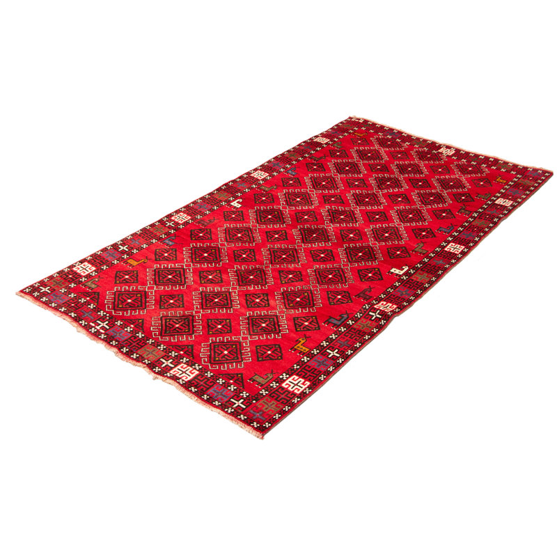 Tapis rouge / noir en laine noué à la main de conception unique 5 pi 3 po x 9 pi 10 po New Age