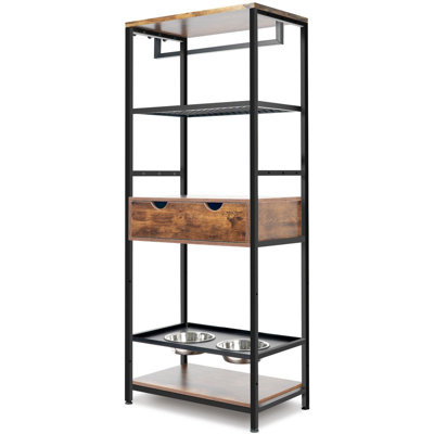 3 Height Adjustable Raised Dog Feeding Station with Storage Shelves, Elevated Pet Bowls for Large Medium Dogs and Cats, Furniture Style Pet Feeder Stand