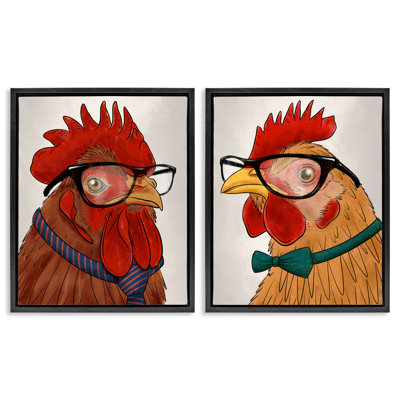 Ensemble de cadres flottants 2 pièces Quirky Hipster Roosters, design par Marcus Prime