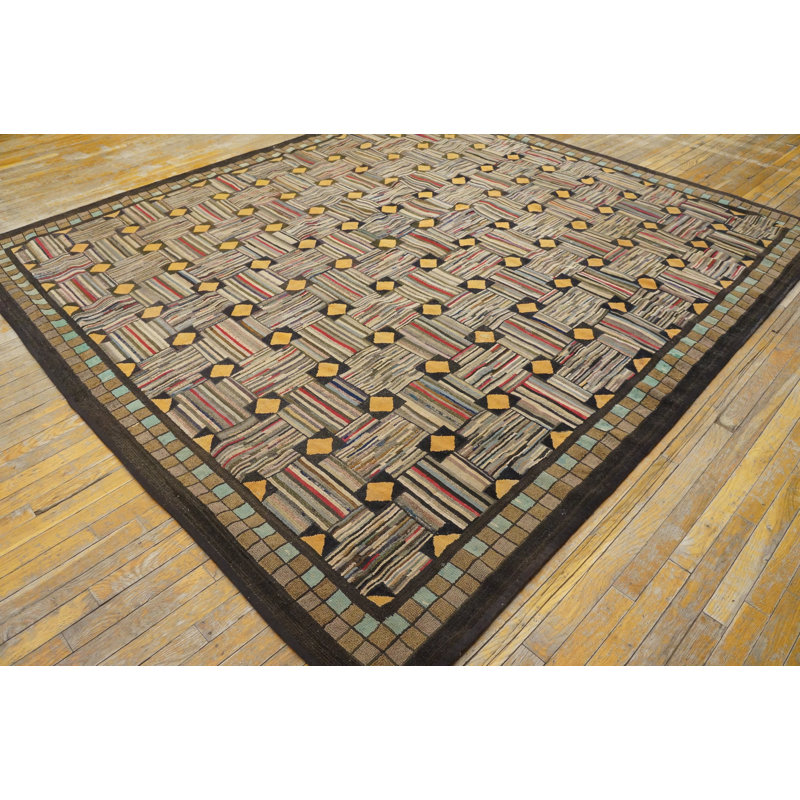 Square Room Size Antique Geometric American Folk Art Basket Weave Design Hooked Rug