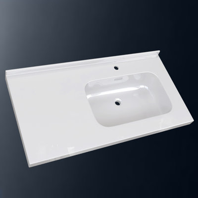 42 Inch Solid Surface Bathroom Vanity Top with Right SIde Integrated Sink, Bright White 2" Thick Modern Countertop, 1.38" Rear Backsplash, Smooth Edge Design, Waterproof & Easy Install