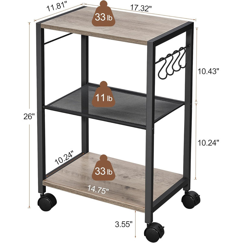 Printer Stand, 3-Tier Mobile Printer Cart Under Desk With Storage Rack, Ventilated, Industrial Rolling Printer Table With Wheels, Sturdy Little Table For Home, Office
