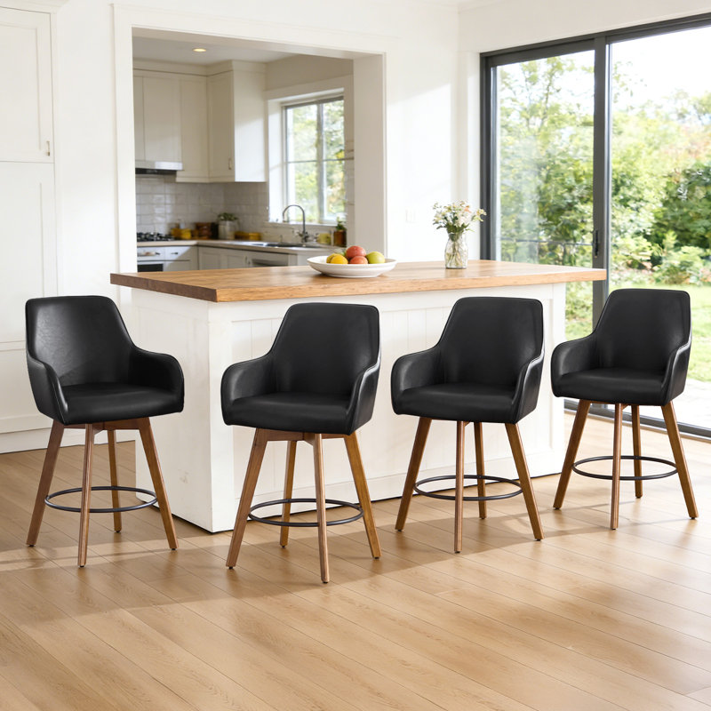 Ensemble de 4 tabourets de comptoir pivotants rembourrés de 25 po avec structure en bois massif et accoudoirs à dossier complet