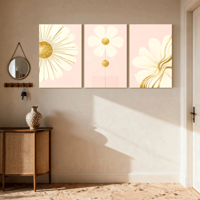 «Abstract Golden Daisy», ensemble de 3 reproductions d'art sur toile, H 24 po x l 48 po
