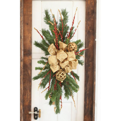 Pine Swag with Gold Bow and Red, Gold Accents