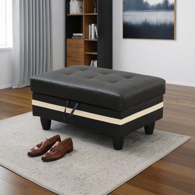 Black & White Striped Faux Leather Storage Ottoman, Rectangular Tufted Lift-Top Storage Footrest Stool With Wooden Legs, Multifunctional Upholstered Storage Bench Coffee Table For Living Room Bedroom