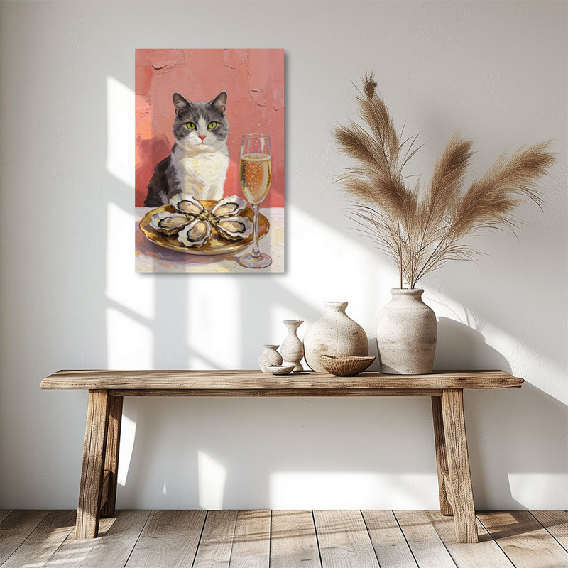 Tableau impressionniste sur toile « Huîtres et Champagne », impression sur toile tendue sur châssis, 61 x 91 cm, chat gris et or et champagne, décoration murale pour cuisine, bar et salon.
