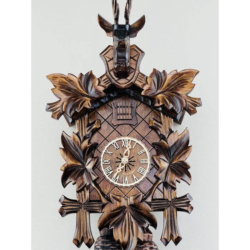  Eight Day Hunter's Cuckoo Clock – 15 in Hand-carved Maple Leaves & Rifles – Traditional Design