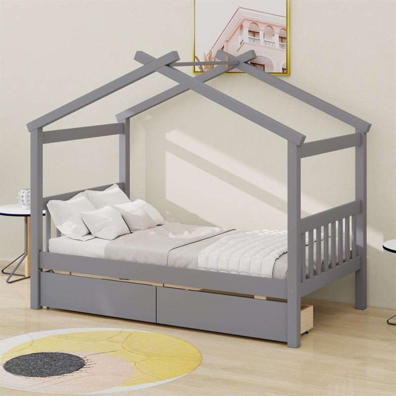 Lit en bois avec tiroirs, Gris, Lit simple
